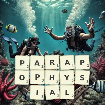 Creative illustration for a Scrabble game with the word PARAPOPHYSIAL spelled out in tiles on the board.