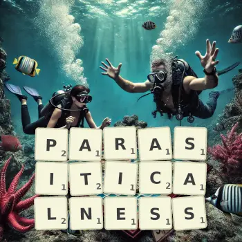 Creative illustration for a Scrabble game with the word PARASITICALNESS spelled out in tiles on the board.