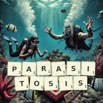 Creative illustration for a Scrabble game with the word PARASITOSIS spelled out in tiles on the board.