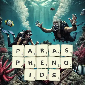 Creative illustration for a Scrabble game with the word PARASPHENOIDS spelled out in tiles on the board.