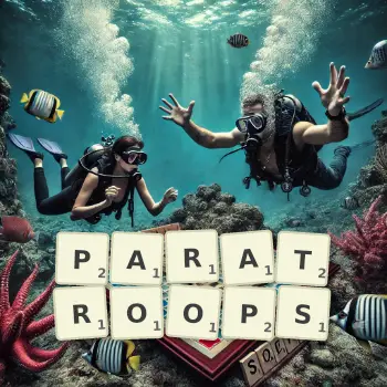 Creative illustration for a Scrabble game with the word PARATROOPS spelled out in tiles on the board.
