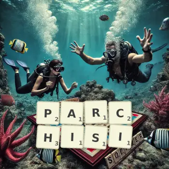 Creative illustration for a Scrabble game with the word PARCHISI spelled out in tiles on the board.