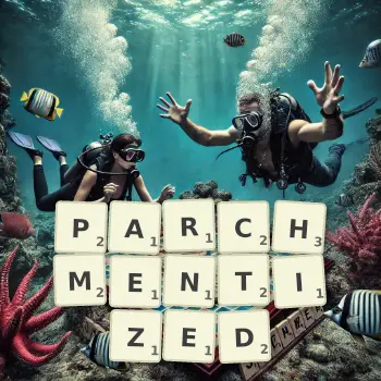 Creative illustration for a Scrabble game with the word PARCHMENTIZED spelled out in tiles on the board.