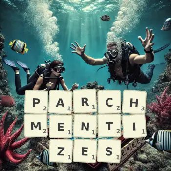 Creative illustration for a Scrabble game with the word PARCHMENTIZES spelled out in tiles on the board.