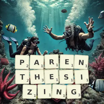 Creative illustration for a Scrabble game with the word PARENTHESIZING spelled out in tiles on the board.