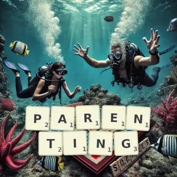 Creative illustration for a Scrabble game with the word PARENTING spelled out in tiles on the board.