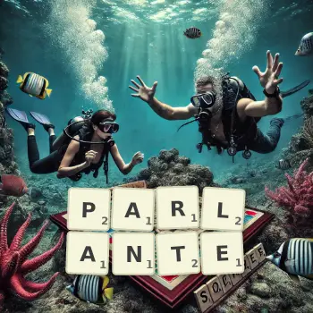 Creative illustration for a Scrabble game with the word PARLANTE spelled out in tiles on the board.