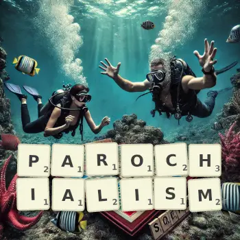 Creative illustration for a Scrabble game with the word PAROCHIALISM spelled out in tiles on the board.