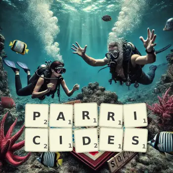 Creative illustration for a Scrabble game with the word PARRICIDES spelled out in tiles on the board.