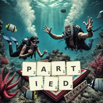 Creative illustration for a Scrabble game with the word PARTIED spelled out in tiles on the board.