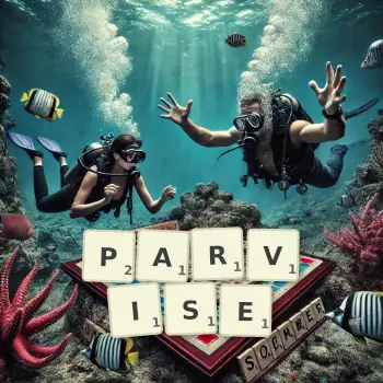 Creative illustration for a Scrabble game with the word PARVISE spelled out in tiles on the board.