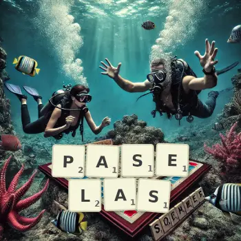 Creative illustration for a Scrabble game with the word PASELAS spelled out in tiles on the board.