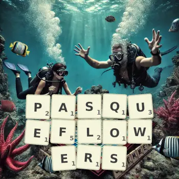 Creative illustration for a Scrabble game with the word PASQUEFLOWERS spelled out in tiles on the board.