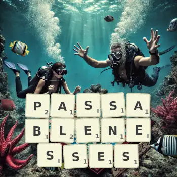 Creative illustration for a Scrabble game with the word PASSABLENESSES spelled out in tiles on the board.