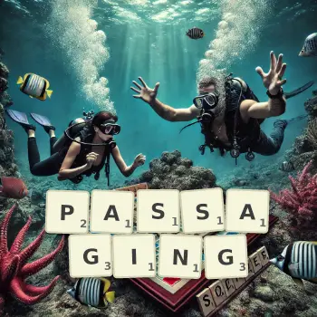 Creative illustration for a Scrabble game with the word PASSAGING spelled out in tiles on the board.