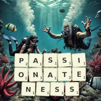 Creative illustration for a Scrabble game with the word PASSIONATENESS spelled out in tiles on the board.