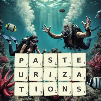 Creative illustration for a Scrabble game with the word PASTEURIZATIONS spelled out in tiles on the board.