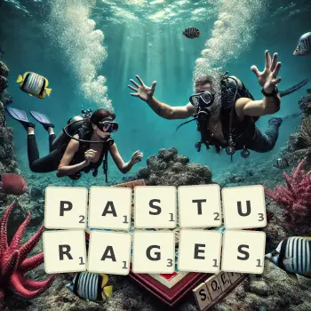 Creative illustration for a Scrabble game with the word PASTURAGES spelled out in tiles on the board.