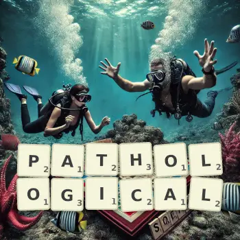 Creative illustration for a Scrabble game with the word PATHOLOGICAL spelled out in tiles on the board.