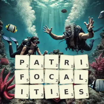 Creative illustration for a Scrabble game with the word PATRIFOCALITIES spelled out in tiles on the board.