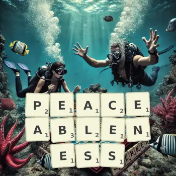 Creative illustration for a Scrabble game with the word PEACEABLENESS spelled out in tiles on the board.