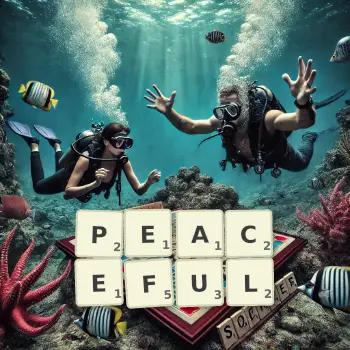 Creative illustration for a Scrabble game with the word PEACEFUL spelled out in tiles on the board.