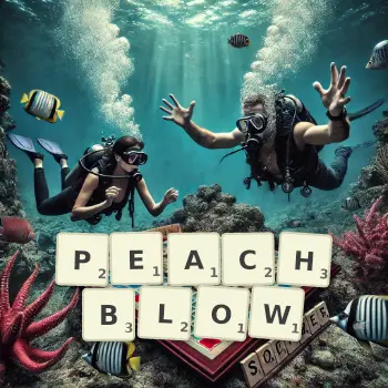 Creative illustration for a Scrabble game with the word PEACHBLOW spelled out in tiles on the board.