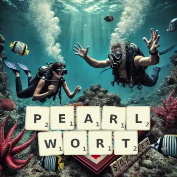 Creative illustration for a Scrabble game with the word PEARLWORT spelled out in tiles on the board.