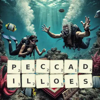 Creative illustration for a Scrabble game with the word PECCADILLOES spelled out in tiles on the board.