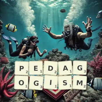 Creative illustration for a Scrabble game with the word PEDAGOGISM spelled out in tiles on the board.