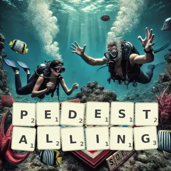 Creative illustration for a Scrabble game with the word PEDESTALLING spelled out in tiles on the board.