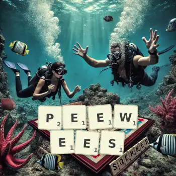 Creative illustration for a Scrabble game with the word PEEWEES spelled out in tiles on the board.