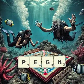 Creative illustration for a Scrabble game with the word PEGH spelled out in tiles on the board.