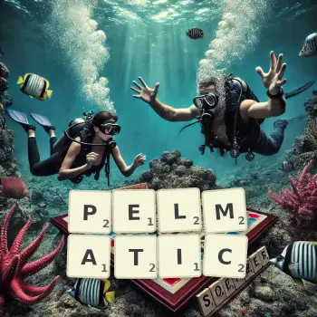 Creative illustration for a Scrabble game with the word PELMATIC spelled out in tiles on the board.