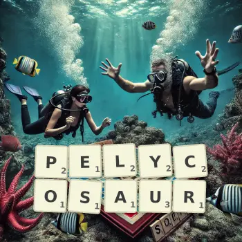Creative illustration for a Scrabble game with the word PELYCOSAUR spelled out in tiles on the board.