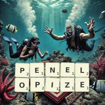 Creative illustration for a Scrabble game with the word PENELOPIZE spelled out in tiles on the board.