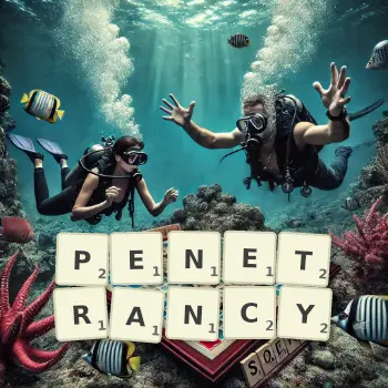 Creative illustration for a Scrabble game with the word PENETRANCY spelled out in tiles on the board.