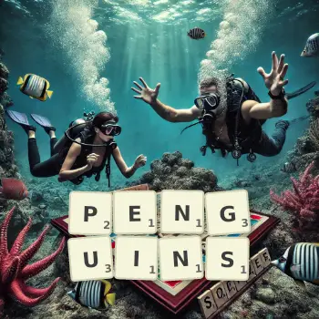 Creative illustration for a Scrabble game with the word PENGUINS spelled out in tiles on the board.