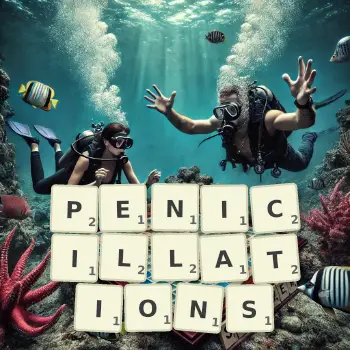 Creative illustration for a Scrabble game with the word PENICILLATIONS spelled out in tiles on the board.