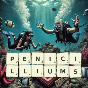 Creative illustration for a Scrabble game with the word PENICILLIUMS spelled out in tiles on the board.