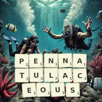 Creative illustration for a Scrabble game with the word PENNATULACEOUS spelled out in tiles on the board.