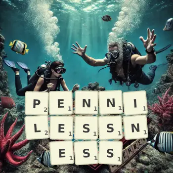 Creative illustration for a Scrabble game with the word PENNILESSNESS spelled out in tiles on the board.