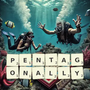 Creative illustration for a Scrabble game with the word PENTAGONALLY spelled out in tiles on the board.