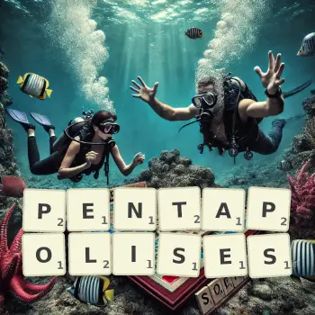 Creative illustration for a Scrabble game with the word PENTAPOLISES spelled out in tiles on the board.