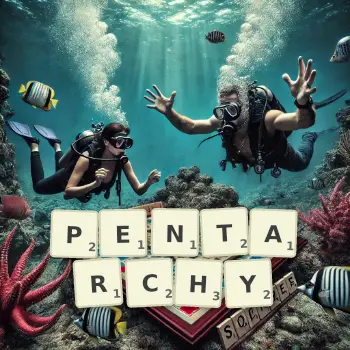 Creative illustration for a Scrabble game with the word PENTARCHY spelled out in tiles on the board.