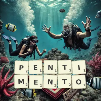 Creative illustration for a Scrabble game with the word PENTIMENTO spelled out in tiles on the board.