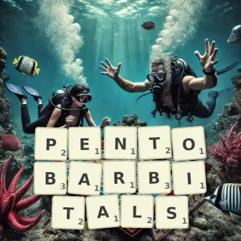 Creative illustration for a Scrabble game with the word PENTOBARBITALS spelled out in tiles on the board.