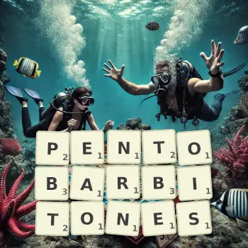 Creative illustration for a Scrabble game with the word PENTOBARBITONES spelled out in tiles on the board.