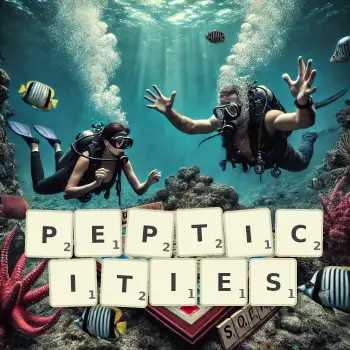 Creative illustration for a Scrabble game with the word PEPTICITIES spelled out in tiles on the board.