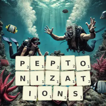 Creative illustration for a Scrabble game with the word PEPTONIZATIONS spelled out in tiles on the board.